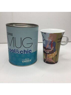 Coffee Mug Retro Cafe Scene Design Porcelain 12 Oz Original Tin Packaging